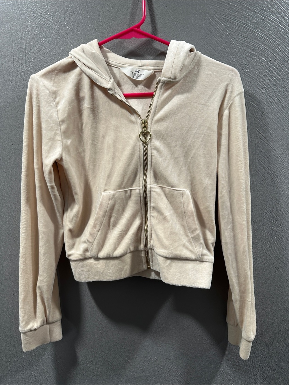 H&M Girls' Cream Velour Zip Hoodie with Heart Zipper